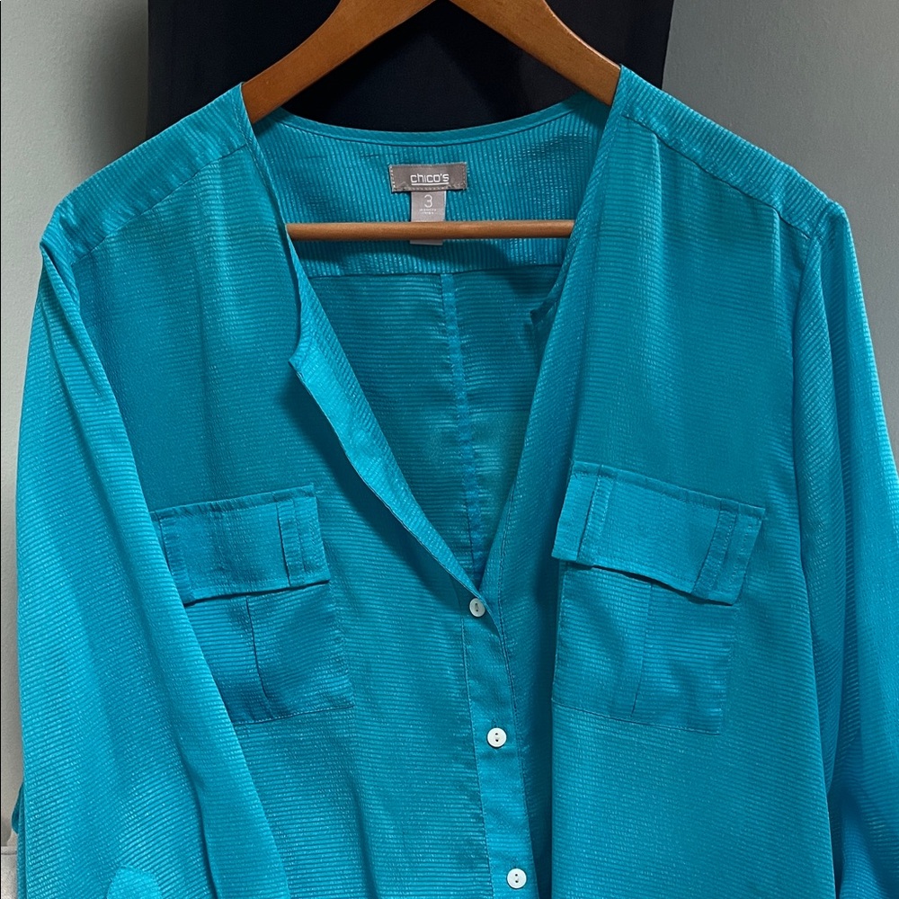 Chico's Teal Sheer Button-Down Shirt. Chico’s Size 3 - Picture 5 of 5